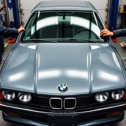 A BMW M5 E34 (1988–1995) in a workshop setting, front view. The car’s old windshield is partially removed, exposing the glass frame. A mechanic’s hands are holding a new windshield, aligning it with the car’s frame. Tools such as a suction cup and a cleaning brush are nearby. The focus is on the glass and the installation process, with the car’s front hood and bumper visible. No text, letters, or digits are present in the scene.
