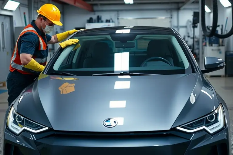 A modern Aion V sedan (first generation, 2021-present) in a professional auto workshop, showing a technician in safety gear carefully removing the old windshield and installing a new one. The focus is on the car's front, the glass, and the tools used, with a clean, well-lit environment and no text or branding visible.