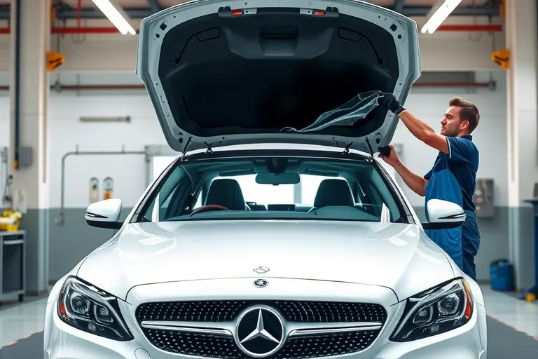 A high-resolution, realistic depiction of a Mercedes Benz C200 2.0 Turbo MHEV 204 in a professional automotive repair setting. The scene shows a mechanic in a clean garage, carefully removing a damaged windshield from the car and installing a new, clear glass panel. The vehicle is positioned on a hydraulic lift, with a visible service area, tools, and a workbench in the background. The focus is on the precision of the replacement process, the quality of the new glass, and the modern interior of the car. The lighting is bright and evenly distributed, highlighting the car’s sleek lines and the clear glass surface. No text, letters, or digits should appear in the image.