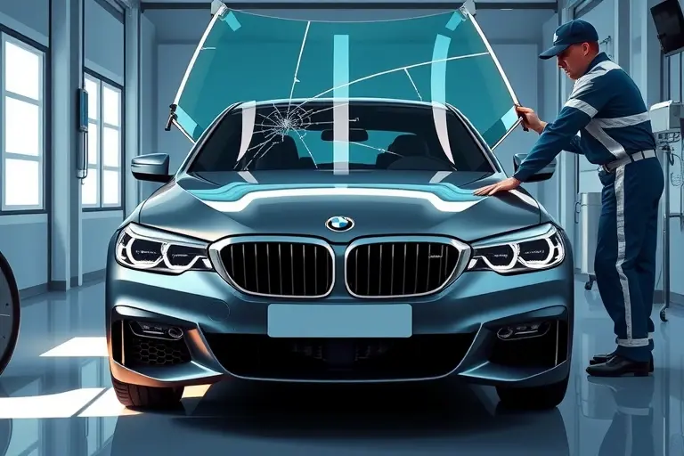 A high‑detail illustration of an Alpina B5 4.4 V8 Biturbo (2023) in a modern auto‑repair garage, focusing on the front of the car as a technician carefully removes the old windshield and installs a new one. The scene shows the car's sleek silhouette, the cracked windshield being lifted, the new glass positioned, and professional tools nearby. Emphasize realistic lighting, reflections on the glass, and the premium finish of the vehicle.