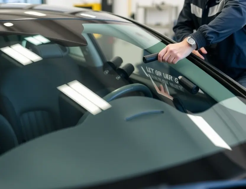 A close-up shot of a Luxeed S7 car windshield being replaced by a technician. The focus is on the replacement process, showing tools and the new windshield. The car is parked in a garage or workshop setting.