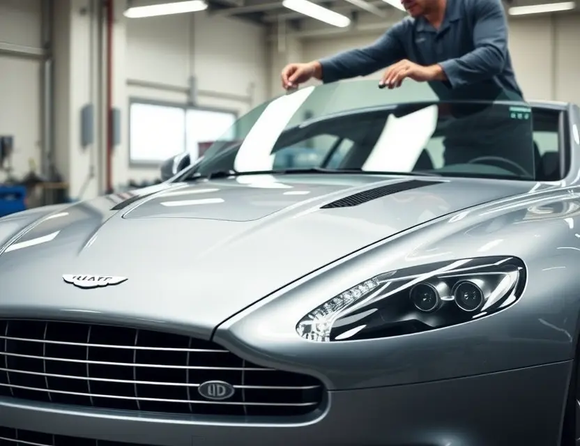 A high-quality close-up shot of a professional mechanic carefully removing the old windshield from a sleek Aston Martin V12 Vantage in a clean, well-lit automotive workshop. The car's distinctive front grille and headlights are visible, with the windshield area exposed but no glass installed yet. The scene emphasizes precision and luxury automotive repair, with soft lighting highlighting the car's curves and the mechanic's focused actions.