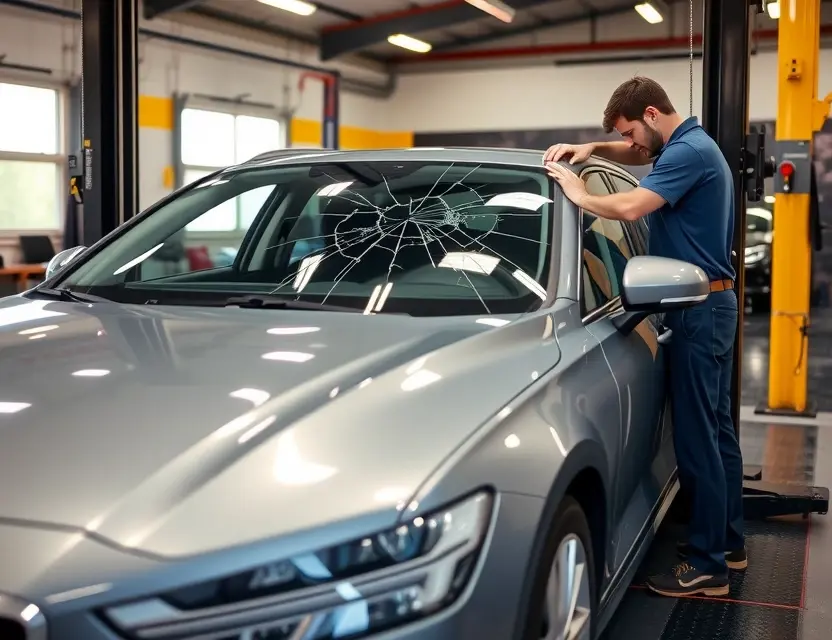 A Volvo V60 with a cracked windshield being replaced by a technician. The car is parked on a service lift in an auto repair shop. Focus on the replacement process and the technician's tools.