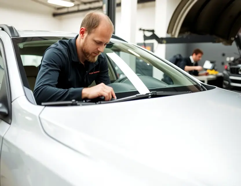 Замена лобового стекла ICKX A car being serviced with a technician carefully replacing a windshield, showing the tools and equipment used in the process, clean workshop environment, professional atmosphere, no text or logos visible