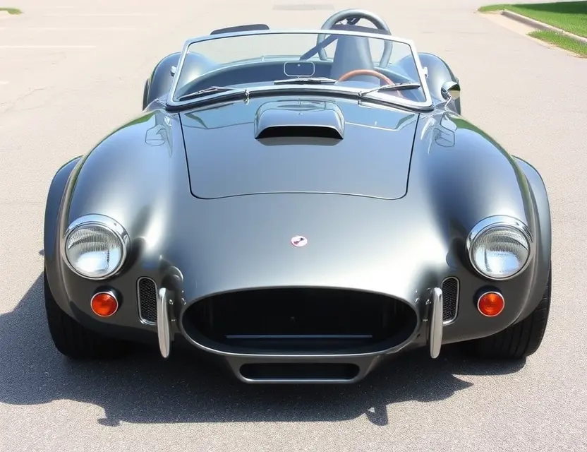 A classic AC Cobra MkI with a newly replaced windshield, parked on a clean asphalt surface under natural daylight, showing the car's sleek body and polished chrome details, no people, no text, no logos