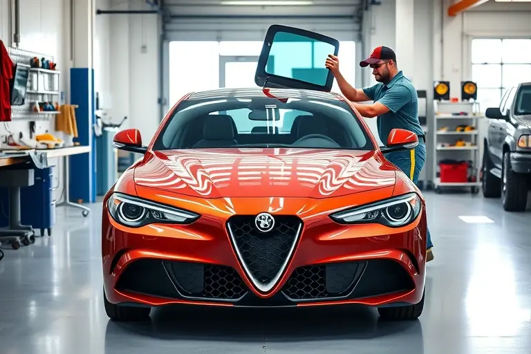 A realistic scene of an Alfa Romeo Giulia 2.0 Turbo (200 hp) in a modern auto workshop, with a professional mechanic in safety gear carefully removing the old windshield and installing a new one. The car is centered, showing the front and the open windshield area, with tools, a clean workbench, and a bright, well‑lit environment. Emphasize the sleek design of the Giulia and the precision of the glass replacement process.