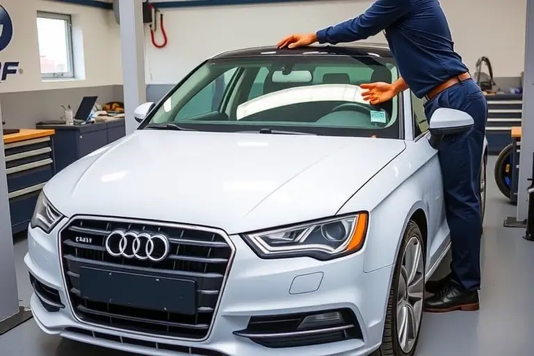 A detailed, realistic scene showing a 2012-2016 Audi A3 1.4 TFSI 150 hp parked in a clean workshop. The front windshield is being removed by a professional mechanic using appropriate tools, with the old glass carefully lifted away and a new windshield positioned ready for installation. The focus is on the car, the windshield, and the replacement process, with bright, natural lighting and a tidy, organized environment.