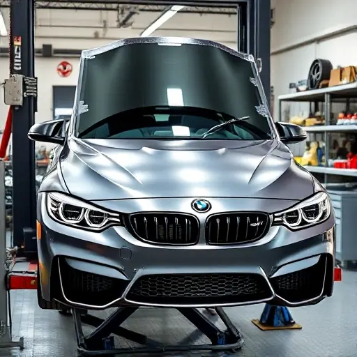 A realistic workshop scene showing a BMW M3 F80 3.0 R6 Twin Turbo 431 hp with its windshield being replaced. The car is on a hydraulic lift, the old windshield is removed and a new one is being installed by a mechanic wearing gloves and protective gear. Tools and a windshield wiper are visible. The background shows a clean, organized service bay with a workbench and automotive parts.