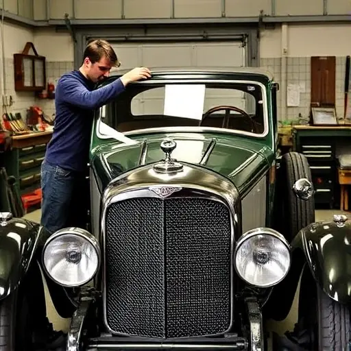 A vintage 1927 Bentley 4½ Litre with its front windshield being replaced by a mechanic in a workshop, showing the old glass removed and a new glass being fitted, with tools and a workbench in the background.