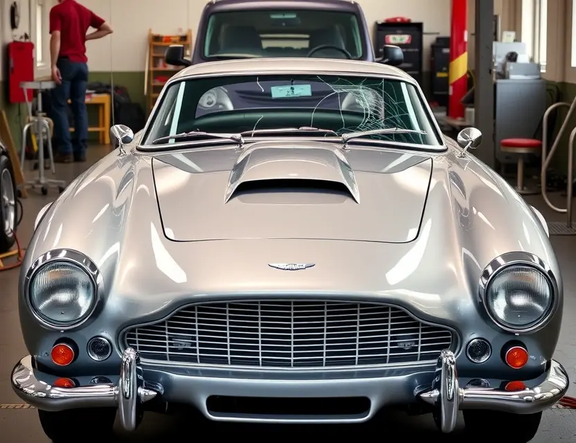 A high-quality image of an Aston Martin DB3S sports car with a cracked front windshield being replaced by a new clear glass, showing the car in a professional auto repair shop setting with tools and technicians working, realistic lighting, detailed car design, no text or numbers on the image