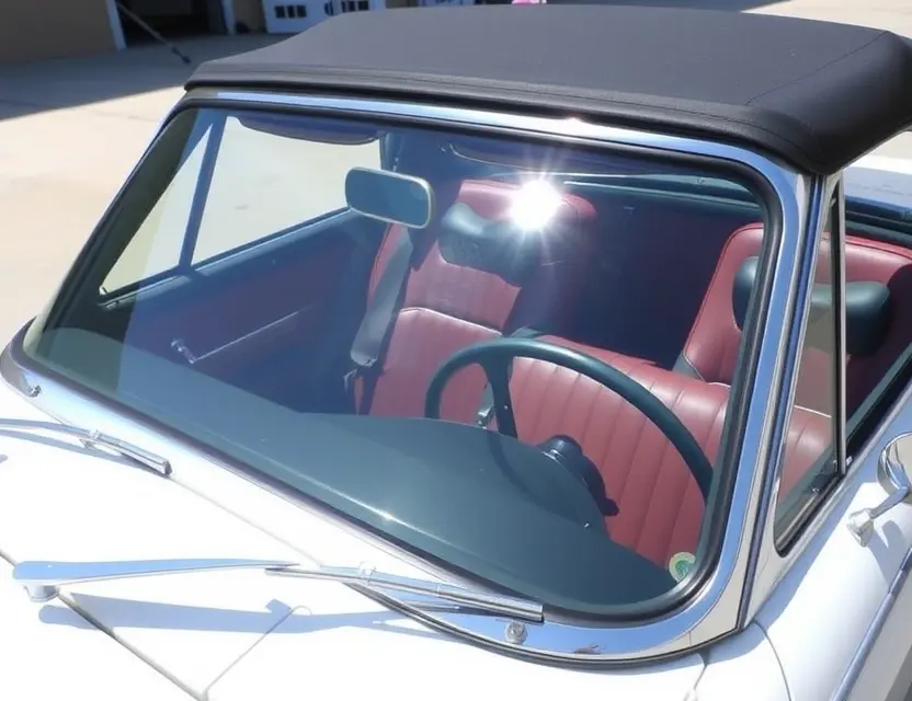 A Marlin Roadster with a replaced windshield, showcasing the new glass. The car should be parked outdoors on a sunny day. Focus on the clarity and fit of the replacement windshield.
