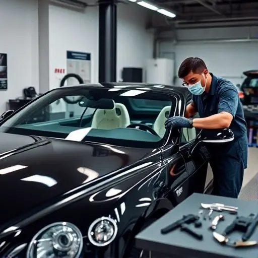 A skilled mechanic in a clean, modern automotive repair shop is carefully removing the old windshield from a luxury Bentley Continental GT. The car's sleek black body and polished chrome details are visible. The mechanic wears gloves and a protective mask, and a set of specialized tools is arranged neatly on a workbench. The new windshield is held in a protective case, ready to be installed. The background shows a high-end workshop with subtle, contemporary lighting.
