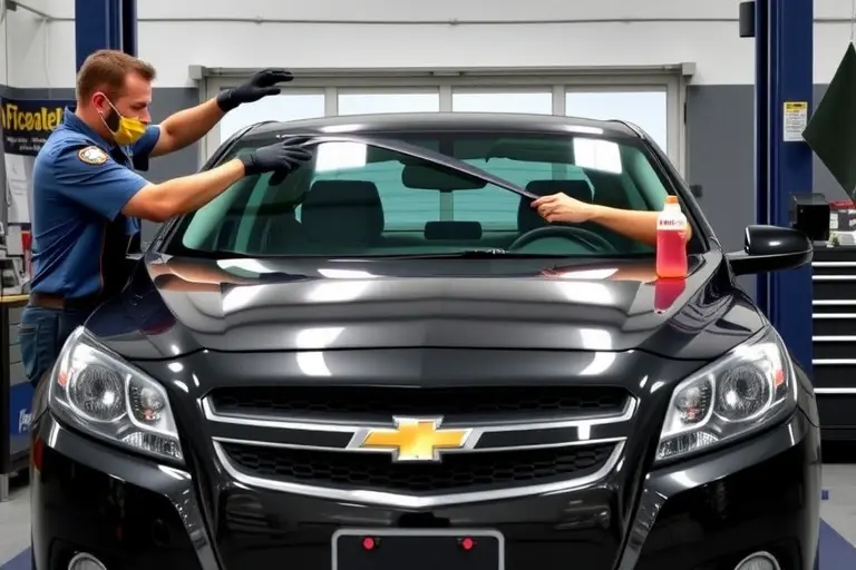 A realistic depiction of a mechanic replacing the windshield of a 2013 Chevrolet Malibu 2.0 Turbo 250 hp. The scene shows the car on a lift in a garage, the mechanic removing the old cracked windshield and installing a new clear windshield. Tools such as a suction cup, a windshield removal kit, and a cleaning solution are present. The focus is on the windshield area, with the car's front grill and headlights visible. The mechanic wears a protective mask and gloves. The garage has a workbench, a car lift, and a toolbox. The lighting is bright and even, highlighting the clear new windshield.