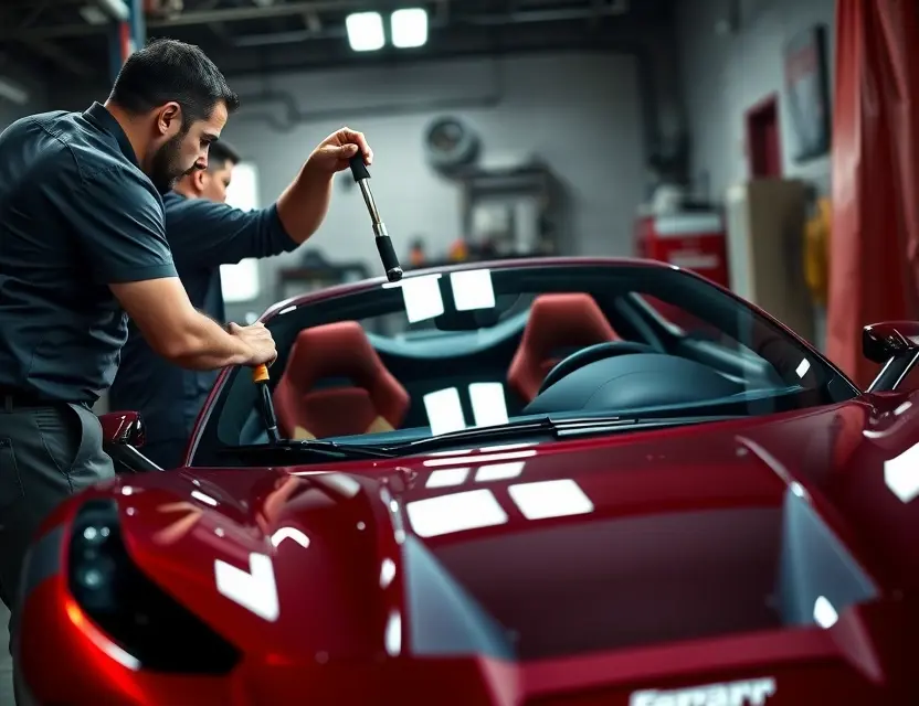 A detailed view of a professional technician replacing the windshield of a Ferrari F8 Tributo. The car should be in a well-lit garage or service center, with the technician using specialized tools and equipment. The Ferrari should be prominently featured, showcasing its sleek design and high-performance features. The scene should convey precision and expertise in the repair process.