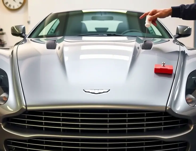 Замена лобового стекла Aston Martin DBS (2007) A high-quality, realistic close-up shot of the front section of a 2007 Aston Martin DBS, focusing on the windshield area during a replacement procedure. The image shows the car's sleek silver or black body, the distinctive curved windshield frame, and a new, clear glass pane being carefully aligned by a professional technician using specialized suction tools. The background is a clean, well-lit professional auto glass workshop with soft, diffused lighting to highlight the car's curves and the pr
