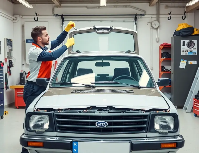 Замена лобового стекла LADA Vesta A professional mechanic replacing the windshield of a LADA Vesta car in a well-lit garage. The mechanic is wearing safety gloves and using specialized tools to carefully remove the old windshield and install the new one. The car is positioned in the center of the image, with the hood open to show the engine compartment. The garage is clean and organized, with various automotive tools and equipment neatly arranged on the walls and shelves.