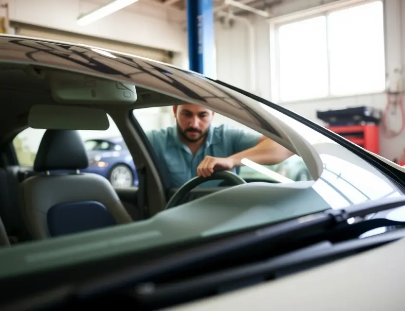 A car windshield replacement service being performed. Focus on a mechanic working on a car windshield, tools visible, and a clean, well-lit garage environment.