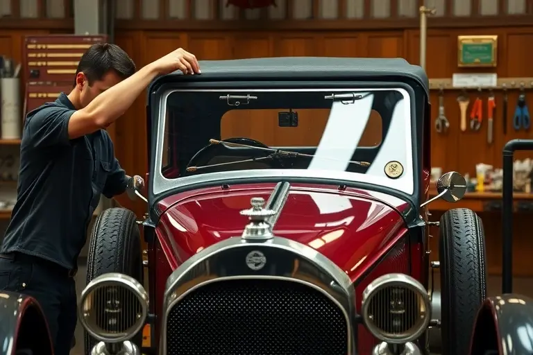 A detailed workshop scene showing a mechanic replacing the windshield of a Hispano Suiza H6 6.6 L R6 135 hp vintage car from 1919. The focus is on the car's front, the old windshield being removed, a new glass panel being fitted, with tools and a workbench in the background. The setting is a classic automotive repair shop with wooden panels, a vintage toolbox, and a light source highlighting the glass. The image should capture the craftsmanship and the historical context of early 20th-century automotive repair.