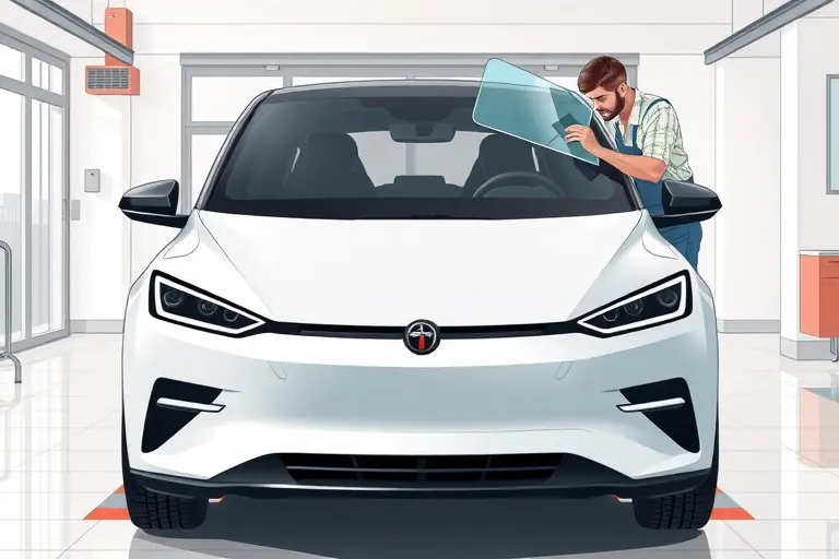 A high-resolution illustration of a 2023 Aion S Max electric car (245 hp) in a modern garage, with the front windshield being removed and a new glass being installed by a professional technician, focusing on the car's sleek design and the detailed windshield replacement process, without any text or branding.
