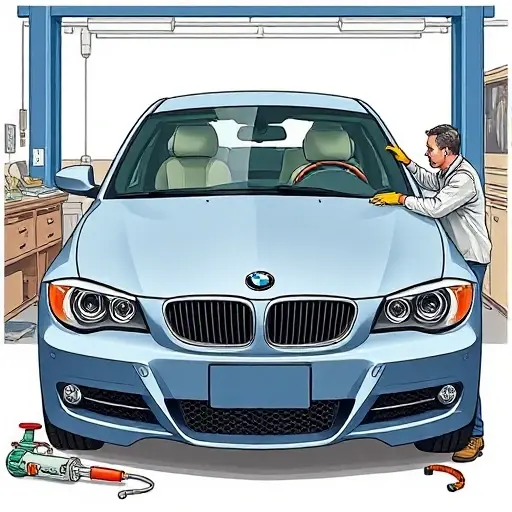 A detailed illustration of a mechanic replacing the windshield of a BMW 1er E81 3.0 L R6 218 hp (2005-2011) in a workshop. Show the car’s front, the old windshield removed, the new windshield being installed, and tools such as a suction cup, a sealant gun, a rubber mallet, and a safety harness. The scene should emphasize the precision and care of the replacement process, focusing on the car’s front fascia, the windshield frame, and the mechanic’s hands. The background should be a clean workshop environment with a workbench, a car lift, and subtle lighting that highlights the work area.