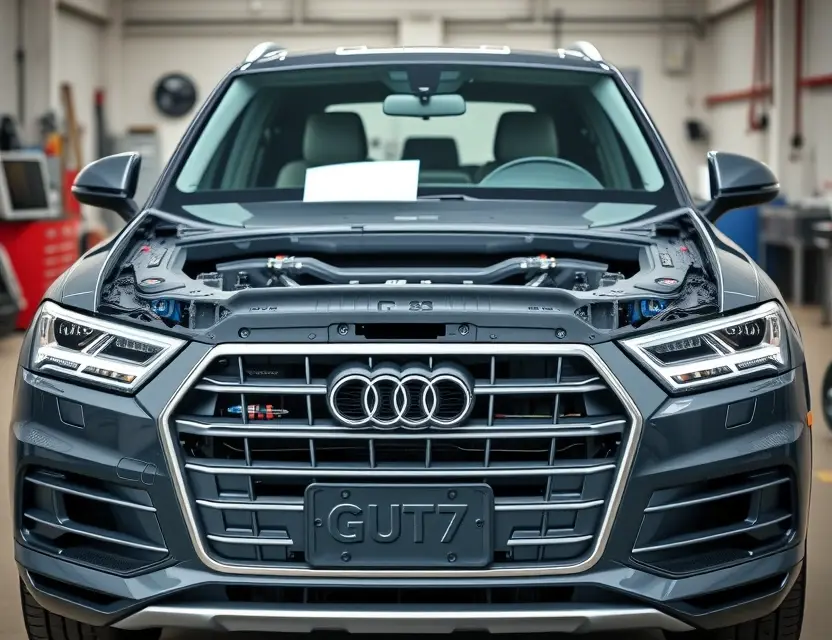 A high-quality, realistic close-up shot of an Audi Q5 parked in a professional auto glass workshop, with its front windshield removed and the frame exposed, showing the clean bonding surface and surrounding bodywork, soft studio lighting, sharp focus on the vehicle's front end, no people, no tools, no text, no logos