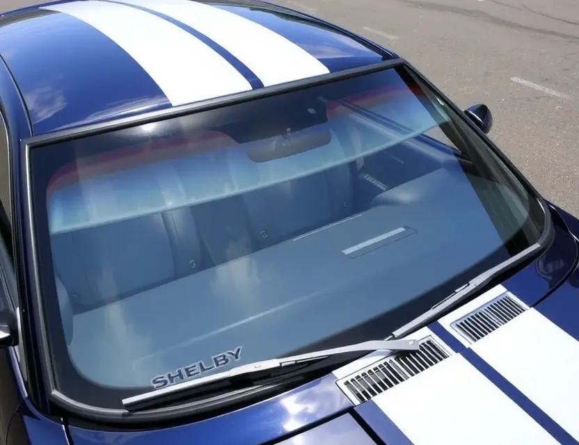 A Shelby car with a replaced windshield, showcasing the new glass. The car is parked on a clean, paved surface. Focus on the clarity and quality of the replacement windshield.