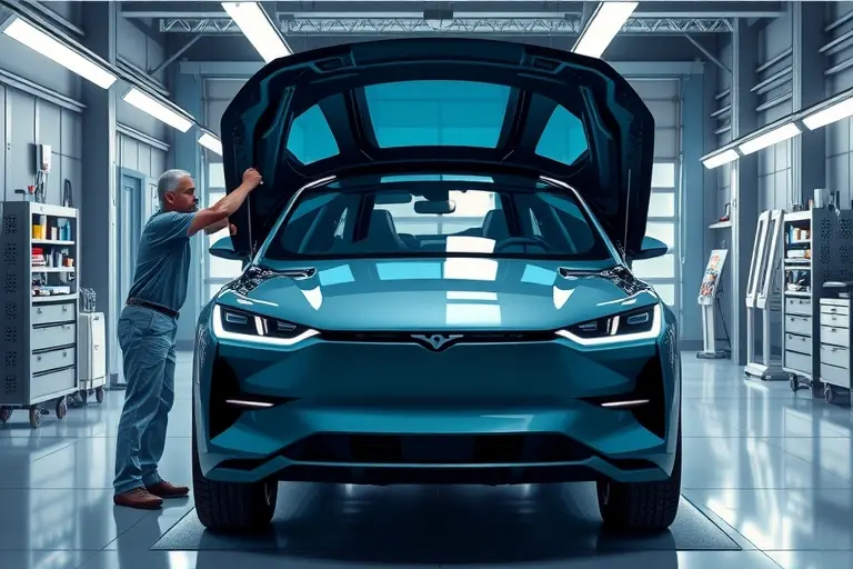 A high‑detail illustration of a modern automotive service bay where a technician is carefully removing and installing a new windshield on a sleek 2023 Aion LX Plus electric SUV with 408 horsepower. The car is positioned centrally, with the open hood and interior visible, emphasizing the glass replacement process, tools, and clean workshop environment. Emphasize realistic lighting, reflections on the glass, and the futuristic design of the vehicle.