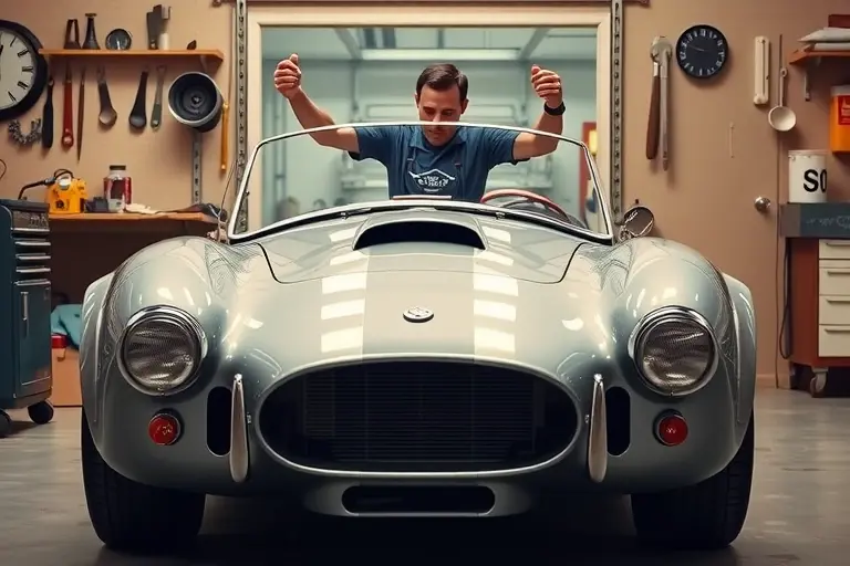 A classic 1963-1965 AC Cobra MkII with its distinctive low-slung body, shown from the front angle as a skilled mechanic removes the cracked windshield and installs a new clear glass. The scene is set in a vintage garage with period-appropriate tools, a wooden workbench, and subtle lighting that highlights the car's sleek lines and the delicate glass work.