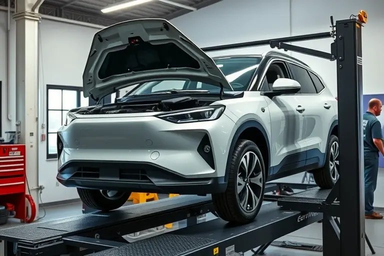 A realistic depiction of a mechanic replacing the windshield on a 2023 Venucia VX6 electric SUV with 217 horsepower, showing the car lifted on a service platform, the old windshield being removed and a new glass panel being installed, with tools and a clean workshop background, no people visible, no text or branding