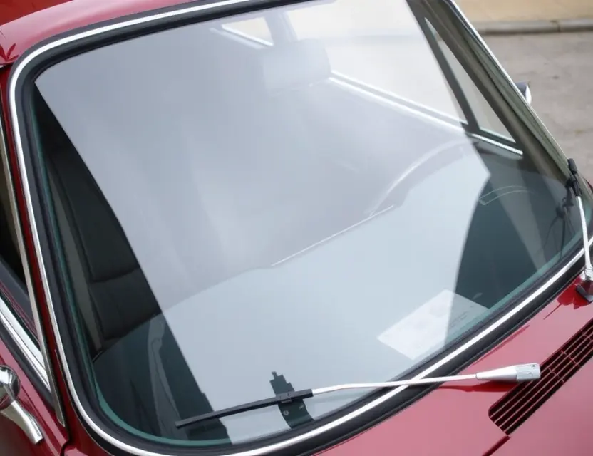 A close-up shot of a Horch 930 V with a replaced windshield. The new windshield is clear and seamlessly integrated with the existing frame. The car is parked on a clean, slightly reflective surface. Focus on the windshield replacement detail.