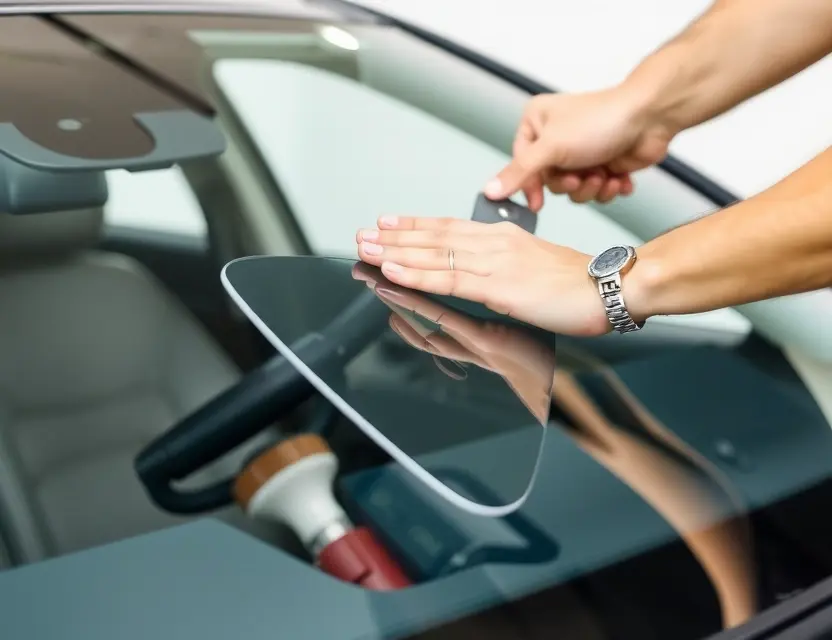 A close-up shot of a car windshield being replaced by a technician. The windshield is being held in place while the new one is being installed. Focus on the hands of the technician and the replacement windshield. The car is a modern sedan, partially visible in the background.
