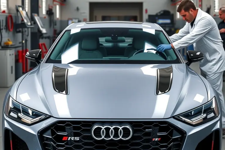 A high‑detail scene of an Audi RS7 (2019‑present) in a professional auto workshop, showing the front of the car with the windshield removed and a new glass panel being installed by a mechanic wearing a clean uniform, tools and safety equipment visible, realistic lighting and reflections on the glass, no text or branding visible