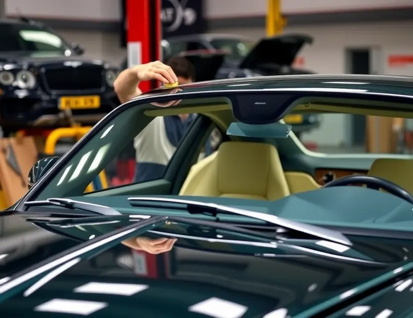 A high-quality image depicting the replacement of a windshield on a Bentley S1. The scene should show a mechanic working on the windshield, with tools and parts visible. The Bentley S1 should be clearly visible in the background. Focus on the process of windshield replacement, highlighting the precision and expertise involved.