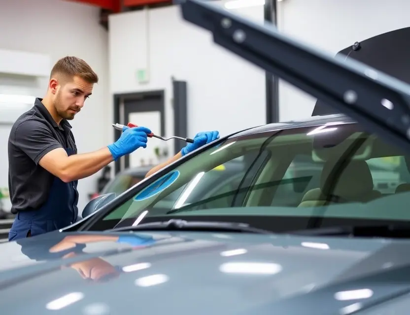 A professional mechanic replacing the windshield of a Genesis G70 car. The scene should include the car with its hood open, the mechanic wearing safety gloves and using appropriate tools, and the new windshield being carefully installed. The setting should be a well-lit garage or auto repair shop.