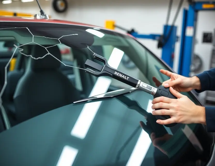 A close-up of a Renault Clio windshield being replaced by a mechanic in a professional auto glass repair shop, showing the old cracked windshield being removed and a new one being installed with precision tools, clear focus on the glass and hands working, bright workshop lighting, no text or logos visible