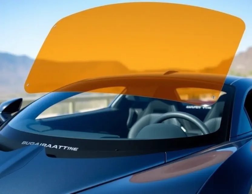 A Bugatti Divo with a replaced windshield, showcasing the new glass. The car is parked on a scenic road, with a clear blue sky and mountains in the background. Focus on the clarity and quality of the replacement windshield.