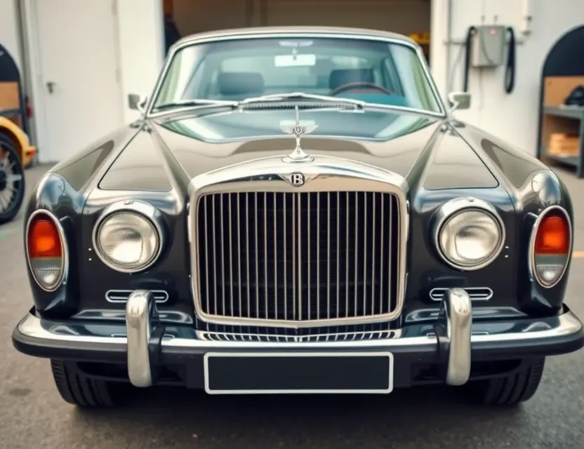 A pristine vintage Bentley S1 parked outdoors in a professional automotive workshop setting, showcasing its classic chrome grille and elegant curves, with a focus on the front windshield area to imply a replacement service, high-quality automotive photography, sharp details, natural daylight, no people, no text, no logos