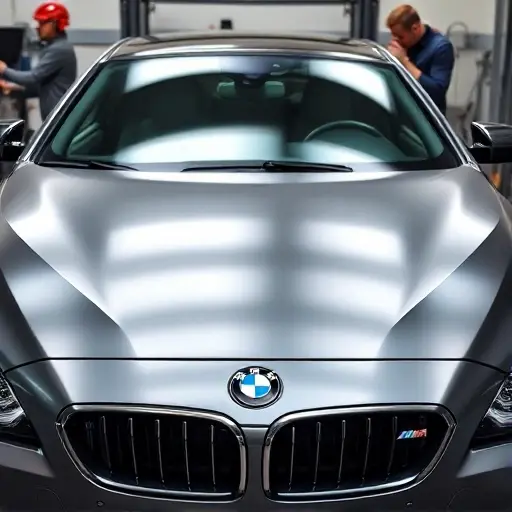 A close-up of a BMW M6 F12 (2012-2018) with a new windshield being installed, showing the car's front, the windshield area, the replacement glass, and tools, with a mechanic in the background, no text or logos.