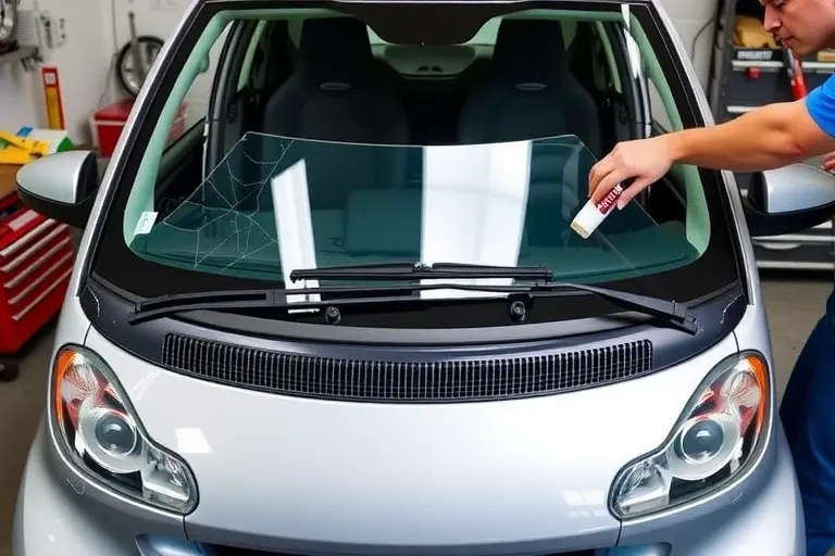 A mechanic in a garage is replacing the windshield of a Smart Fortwo compact car. The scene shows the front of the car with the old cracked glass removed and a new clear glass panel being fitted. Tools such as a suction cup, a cleaning brush, and a sealant dispenser are visible. The background includes a workbench, a car jack, and a toolbox. Bright focused lighting highlights the glass surface and the mechanic's hands, capturing the precision of the replacement process.