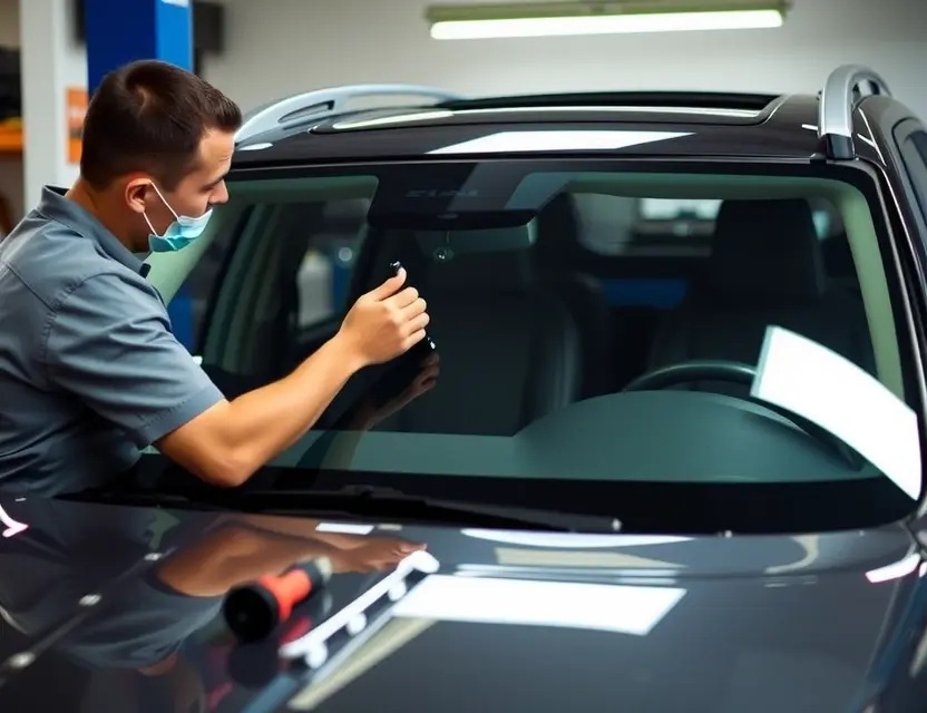 A detailed view of a professional technician replacing the windshield of a Kia Telluride. The car should be in a well-lit garage or service bay, with the technician using appropriate tools and safety equipment. The scene should capture the precision and care involved in the process, with the new windshield being carefully positioned and secured.