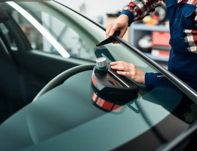 A close-up shot of a car windshield being replaced by a technician. The windshield replacement process should be clearly visible, showing the tools and the technician's hands working on the glass. The car should be a modern sedan, and the background should be a garage or workshop setting.