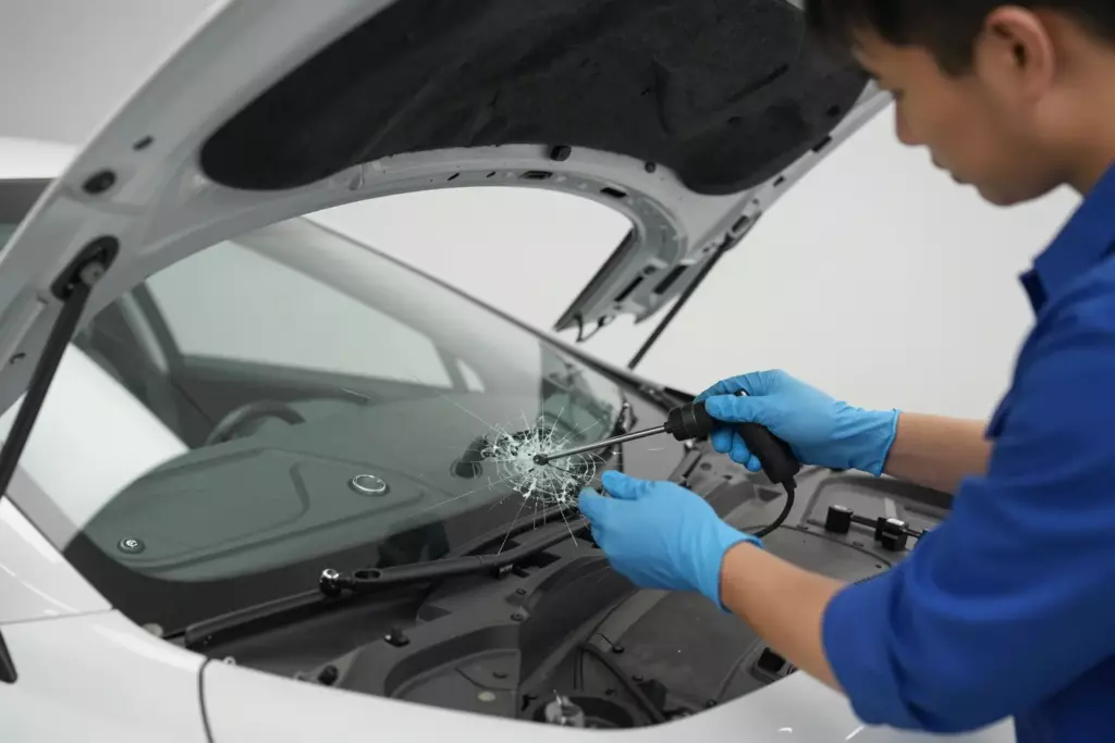 A professional mechanic in a clean workshop wearing blue gloves carefully removing a cracked windshield from a modern Acura sedan, using specialized tools, with the car hood open and the dashboard visible through the empty frame, bright lighting, high detail