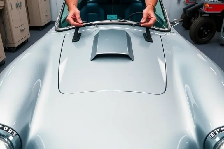 A classic AC Cobra MkIV 5.0 V8 (1990–present) parked in a clean workshop, with a technician's hands holding a new windshield ready to be installed. The focus is on the car's front end, showing the sleek body lines, the iconic hood, and the open front area where the windshield fits. The scene is realistic, well-lit, with subtle reflections on the car's paint, and no text or logos visible.