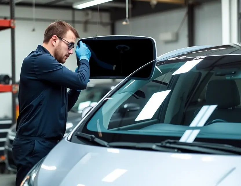 A professional mechanic replacing the windshield of a GAC Trumpchi Empow car. The scene should show the mechanic carefully removing the old windshield and preparing to install the new one. The car should be in a well-lit garage or workshop, with all necessary tools and equipment visible. The mechanic should be wearing appropriate safety gear, such as gloves and goggles.