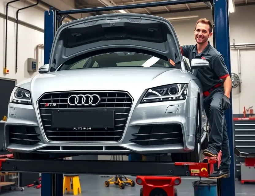 Замена лобового стекла Audi TTS A high-quality, realistic photo of a professional mechanic replacing the windshield on a silver Audi TTS in a clean, well-lit auto repair shop. The car is elevated on a lift, with the old windshield removed and a new one being carefully positioned. Tools and safety equipment are visible in the background. The focus is on the car and the repair process, with no text or logos visible.