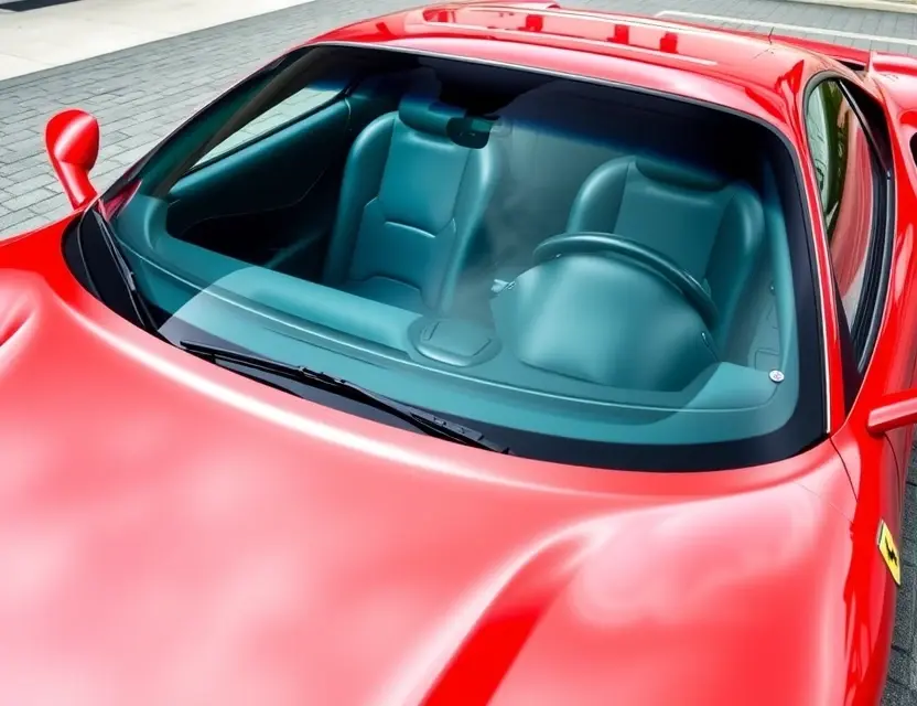 A high-quality image depicting a Ferrari with a replaced windshield. The car should be parked on a clean, paved surface, possibly in a garage or showroom setting. The replaced windshield should be seamlessly integrated with the original, showing a clear, modern windshield. Focus on the details of the car's exterior and the quality of the replacement.