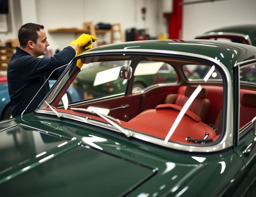 A detailed view of a professional mechanic replacing the windshield of a classic Facel Vega HK500 car. The car should be in a well-lit garage with various automotive tools and equipment around. The mechanic should be wearing safety gloves and using specialized tools for the windshield replacement process.