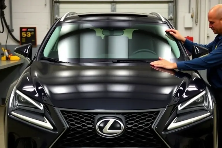A mechanic in a garage replacing the windshield of a 2021 Lexus NX 2.5 Hybrid, showing the car's front, the new glass, tools, and the mechanic's hands