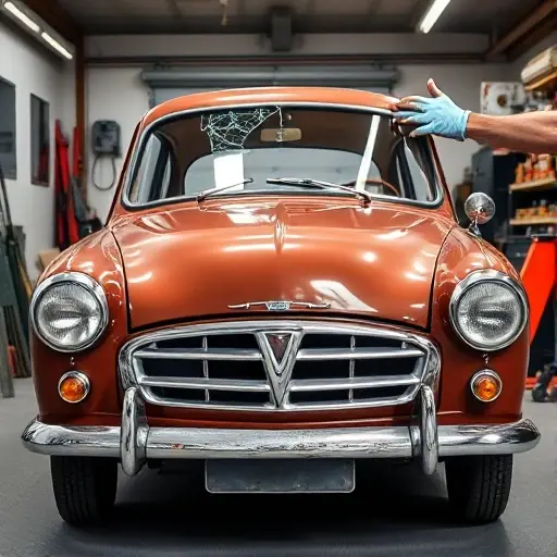 A classic 1950s Austin A35 car (1956–1959) shown from the front in a garage setting, with a mechanic in work gloves replacing the windshield. The image should depict the car’s front hood, bumper, and the broken glass being removed, while a new clear windshield is being fitted. The mechanic’s hands and a small hand tool are visible, and the garage tools and light fixtures are in the background. No text, letters, or digits should appear in the image.