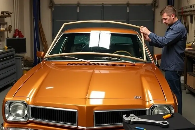 A 1977 AMC Hornet with a 5.9 L V8 engine parked in a garage, a mechanic in coveralls is carefully removing the old windshield and holding a new windshield ready for installation. The scene shows the car's front end, the cracked windshield being lifted, tools like a suction cup and a wrench on a workbench, and a clean, well-lit workshop environment. Emphasize realistic details, metal textures, glass reflections, and a focused, professional atmosphere.